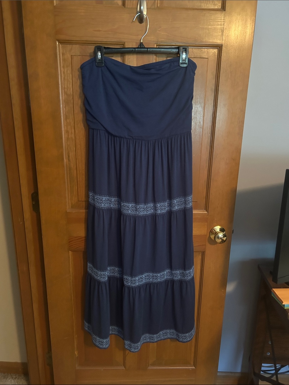 J. Jill Navy Strapless Tiered Maxi Dress with Embroidered Bands